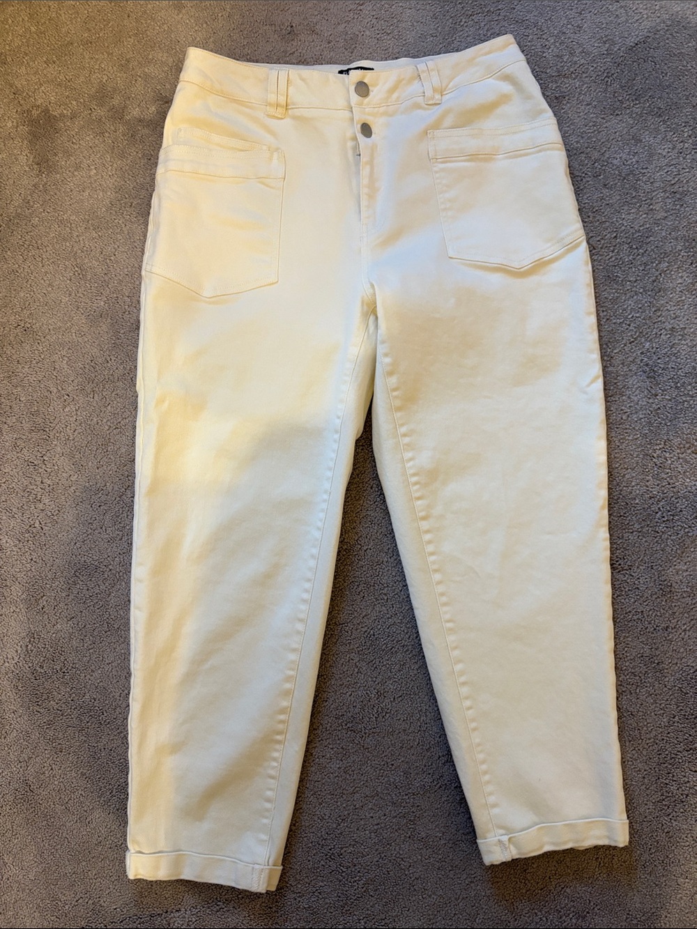 High-Rise Cream Straight Jeans with Front Patch Pockets